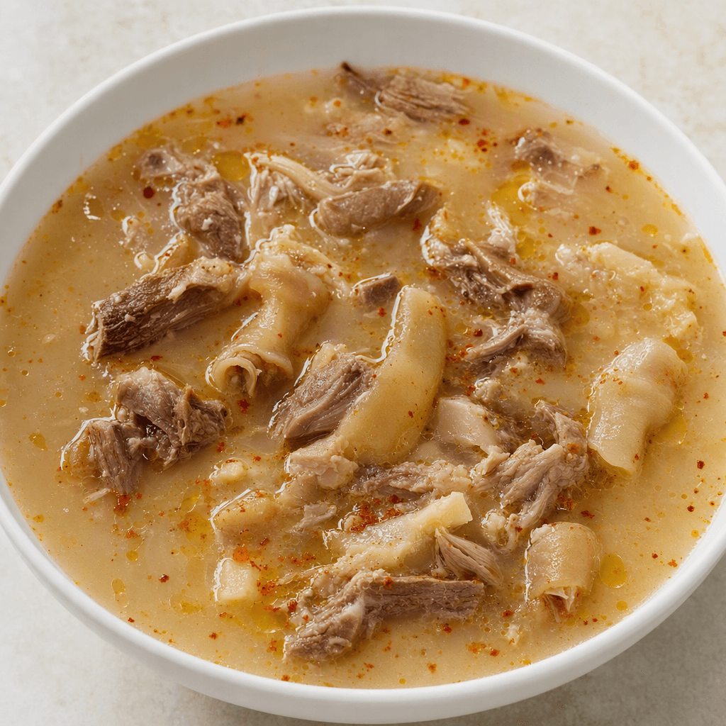 A bowl of pale beige, slightly cloudy broth with tender shreds and small pieces of meat from a sheep’s head and feet, dotted with tiny golden oil droplets and red pepper flecks.