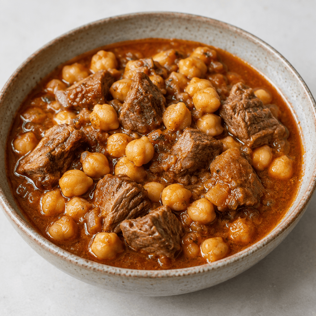 A thick, rustic stew fills a shallow bowl, with plump pale-golden chickpeas and bite-sized browned meat pieces visible in a glossy reddish-brown sauce.