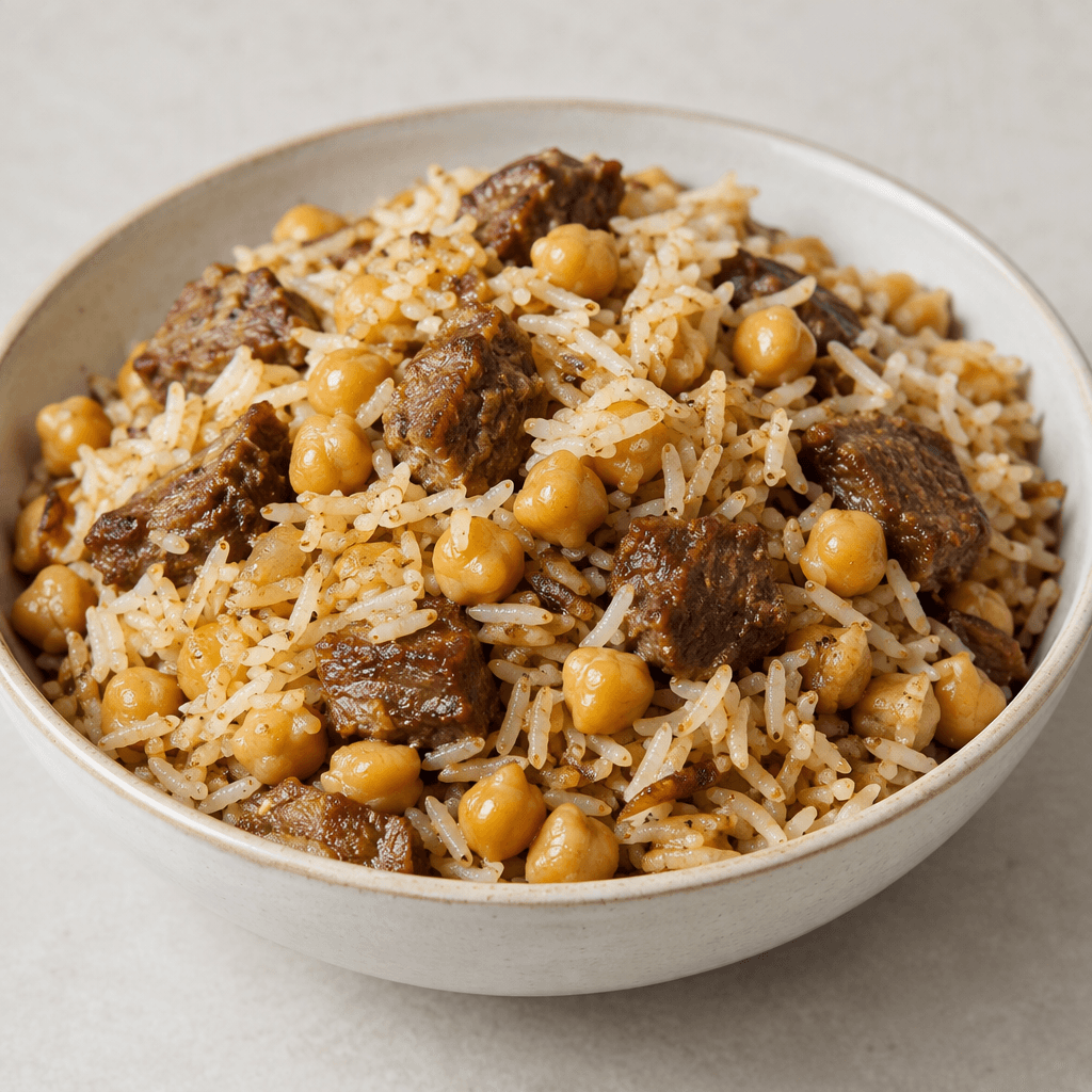 A fluffy mound of long-grain rice mixed with round golden chickpeas and scattered browned bite-sized pieces of meat, served in a shallow bowl with distinct grains and a lightly glossy surface.