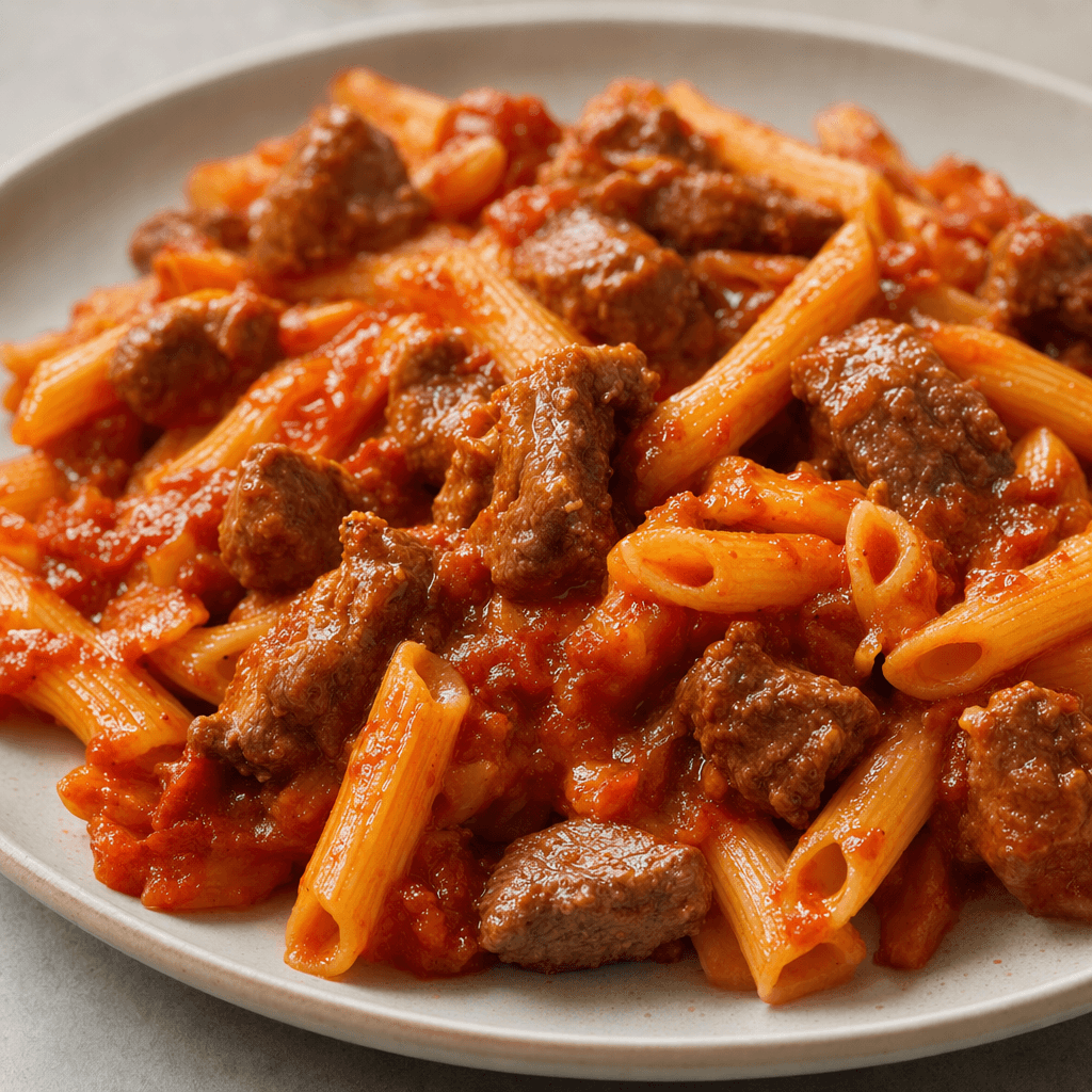 Parlak kırmızı sosla kaplanmış çizgili penne makarnalar ve kızarmış dana eti parçaları tabakta birlikte servis ediliyor.
