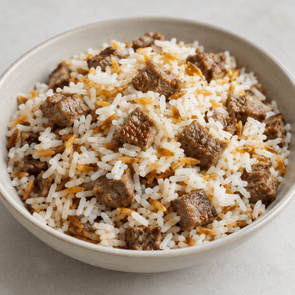A shallow serving of fluffy white rice mixed with small browned cubes of tender meat, with individual grains visible and a few golden toasted grains scattered throughout.