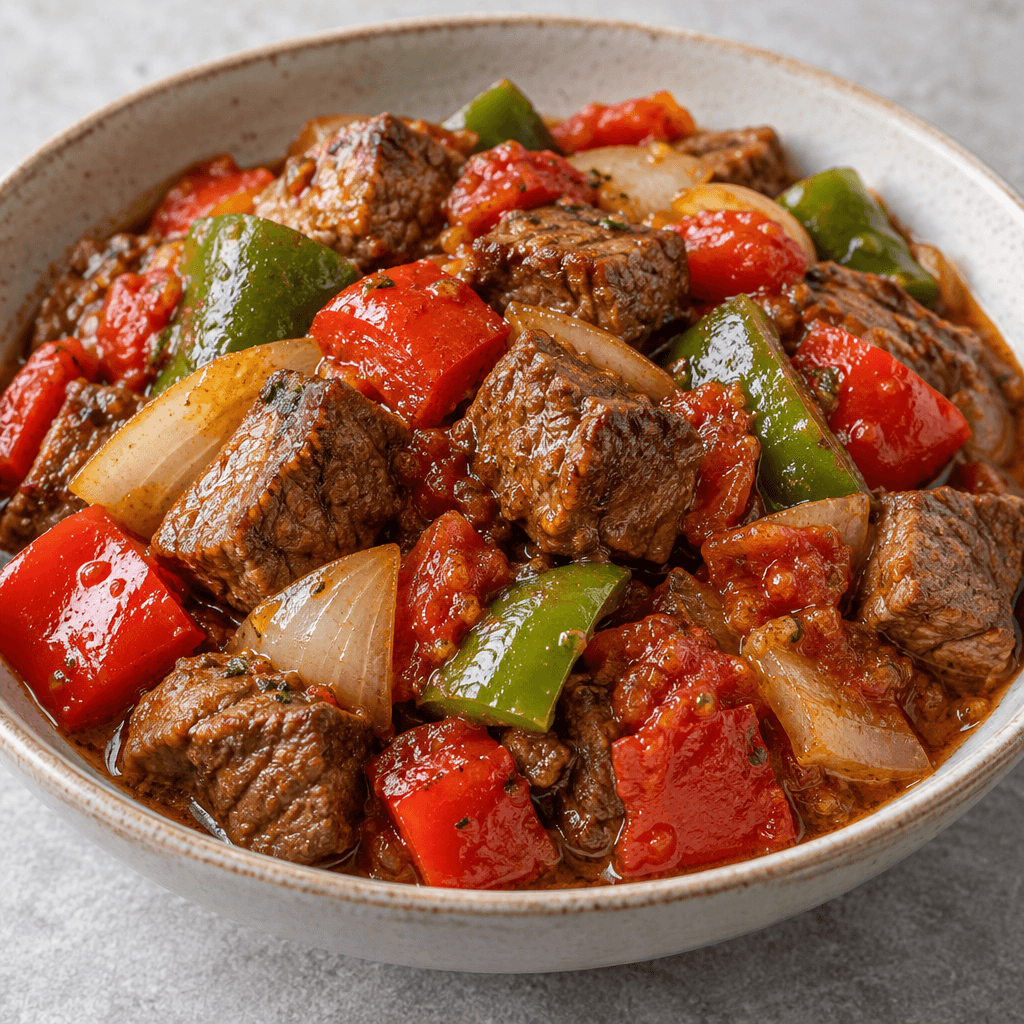 Tender-looking browned cubes of meat are mixed with chunky red and green peppers, softened tomato pieces, and translucent onion in a glossy, lightly sauced sauté, served in a shallow dish.