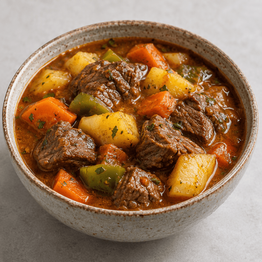 A rustic bowl of thick stew with tender-looking chunks of browned meat, irregular pieces of potato, carrot, and green pepper suspended in a glossy reddish-brown broth, with small flecks of herbs visible on the surface.