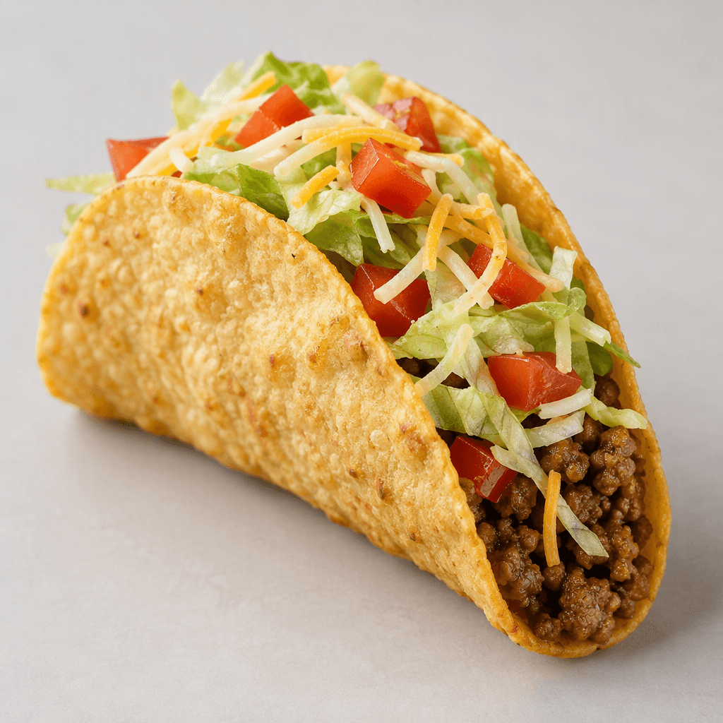 A crisp, golden folded tortilla holds crumbled browned beef, shredded pale green lettuce, diced red tomato, and a small layer of pale yellow shredded cheese, with the filling visibly spilling along the open top.