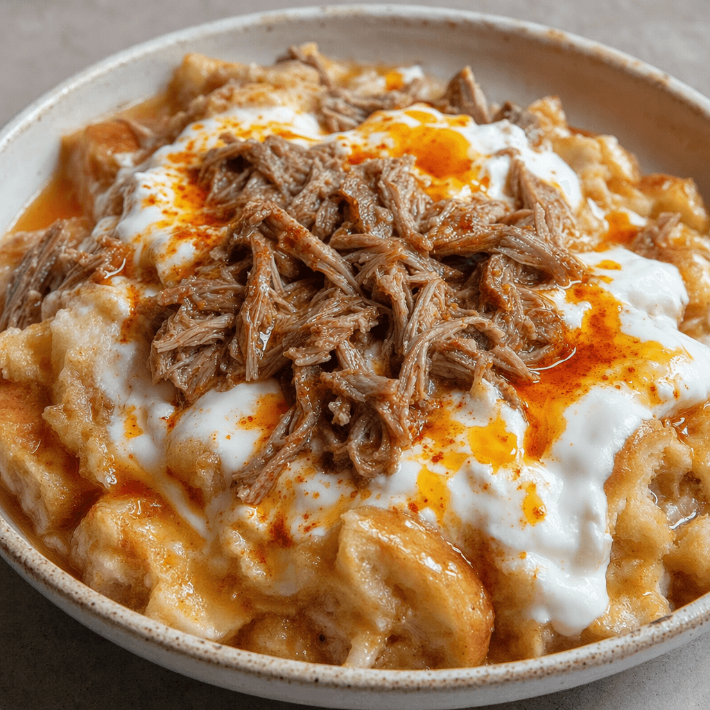 Pieces of soft, broth-soaked bread fill a shallow plate, topped with tender shredded meat, a white layer of yogurt and a drizzle of reddish butter sauce.