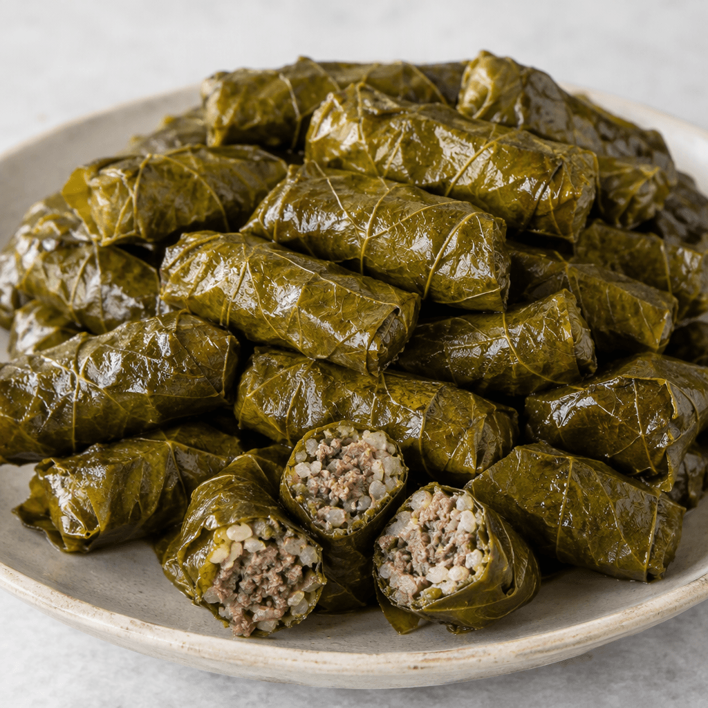 Tightly rolled, bite-sized grape leaves form neat olive-green cylinders with slightly wrinkled surfaces, arranged closely on a serving plate with a few cut pieces revealing a compact filling of rice and browned minced meat.