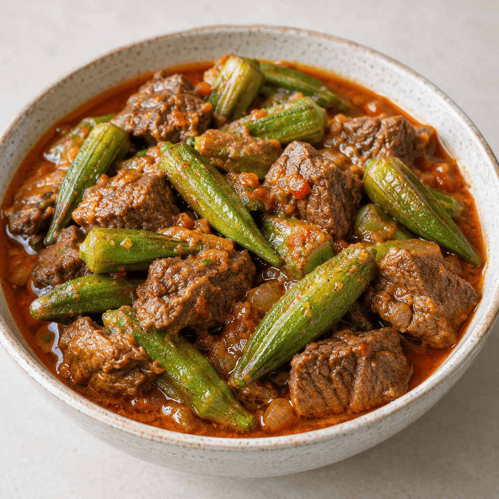 Green, tapered okra pods and browned chunks of beef sit in a glossy reddish sauce with a light sheen of olive oil, served together in a shallow bowl.