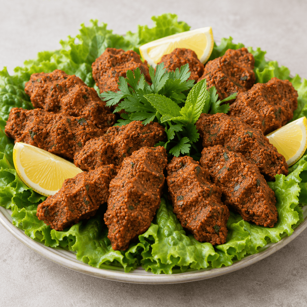 Reddish-brown, coarse-textured bulgur and pepper paste is hand-pressed into small ridged oval portions and arranged on green lettuce leaves with lemon wedges and fresh herbs.