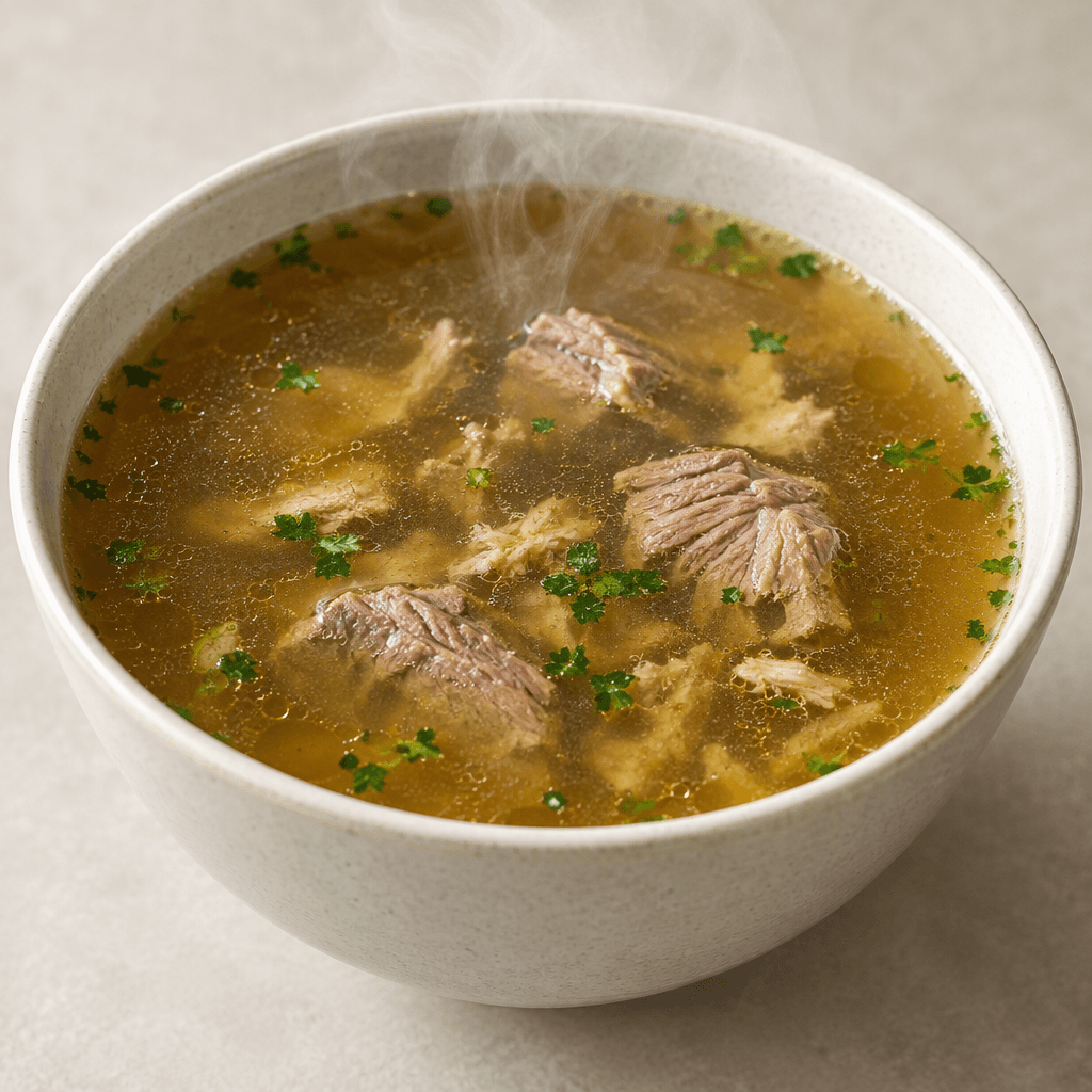 A bowl of clear golden-brown meat broth with small pieces of cooked meat and a few green herb flecks, served steaming.