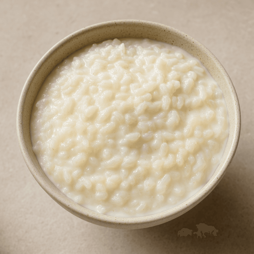 Creamy off-white rice pudding with soft, distinct rice grains visible throughout, served in a small bowl with a smooth, slightly glossy surface.