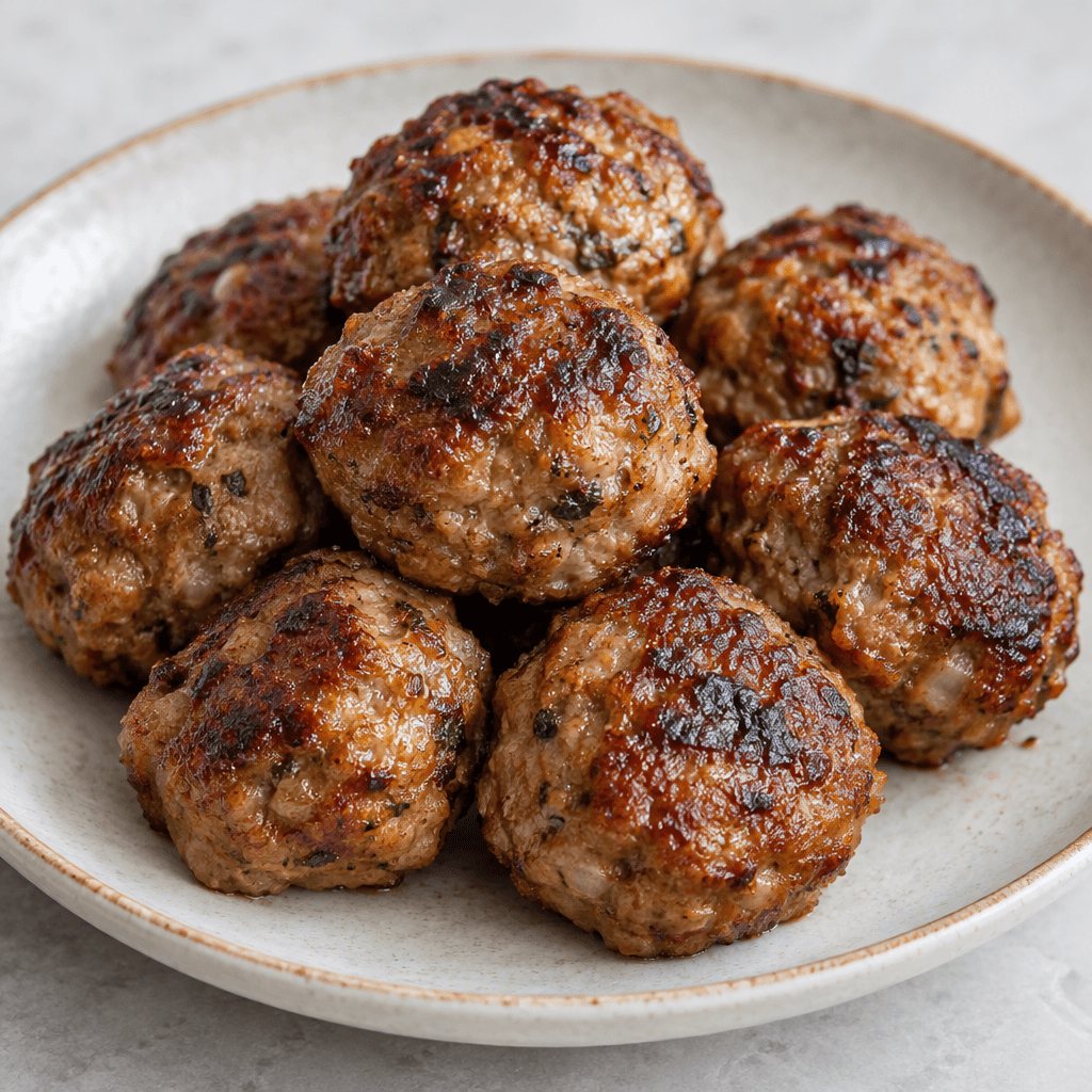 Several round, slightly uneven meatballs with deep golden-brown, lightly crisped surfaces and darker toasted patches are arranged on a plate.
