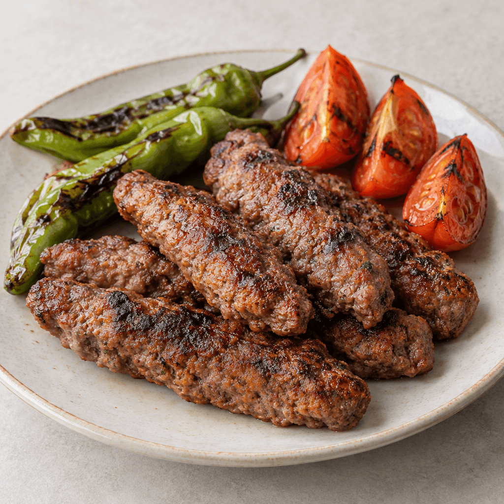 Tabakta, üzeri yer yer koyu kızarmış uzun ve düzensiz kıymalı kebap parçaları, közlenmiş yeşil biberler ve domates dilimleriyle birlikte sunuluyor.