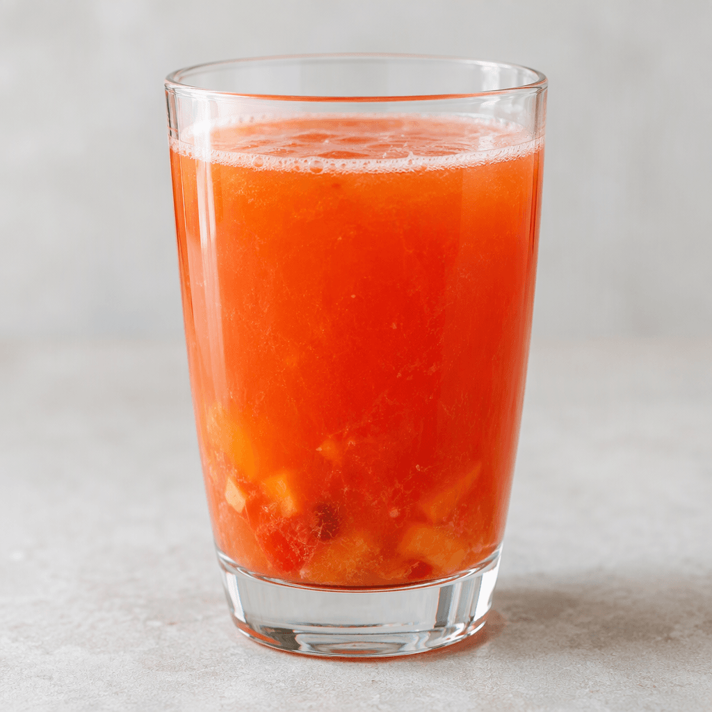 A clear drinking glass filled with bright, translucent fruit juice in a vivid red-orange colour, with a thin layer of pulp and a few small fruit pieces visible near the bottom.
