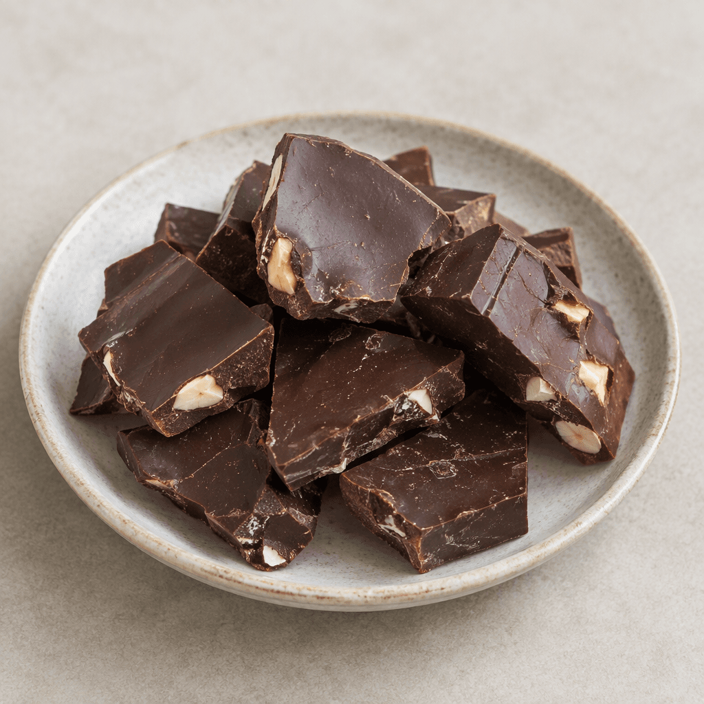 Irregular pieces of dark brown homemade chocolate with a smooth, slightly glossy surface, clean snapped edges, and a few visible pale nut fragments, arranged on a small plate.