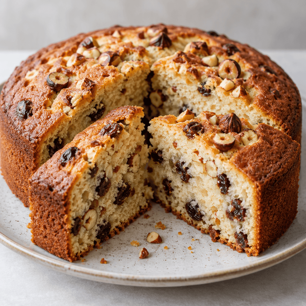 A golden-brown cake with a lightly domed top and a soft, pale crumb dotted with dark raisins and chopped hazelnuts, served in slices on a plate.