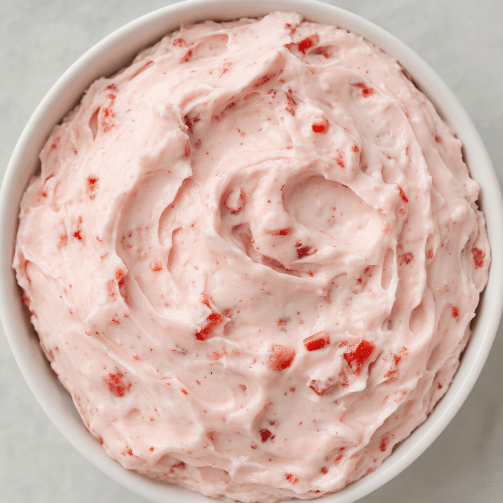 A soft, pale pink cream cheese with a smooth, thick texture and small red strawberry pieces and flecks throughout.