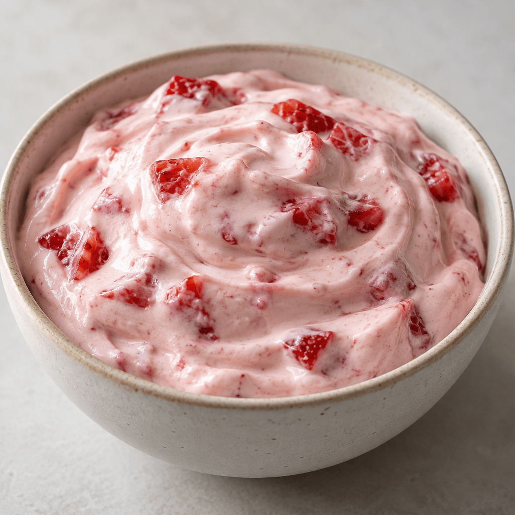 A smooth, thick pale-pink dairy cream with small red strawberry pieces, served in a simple bowl.
