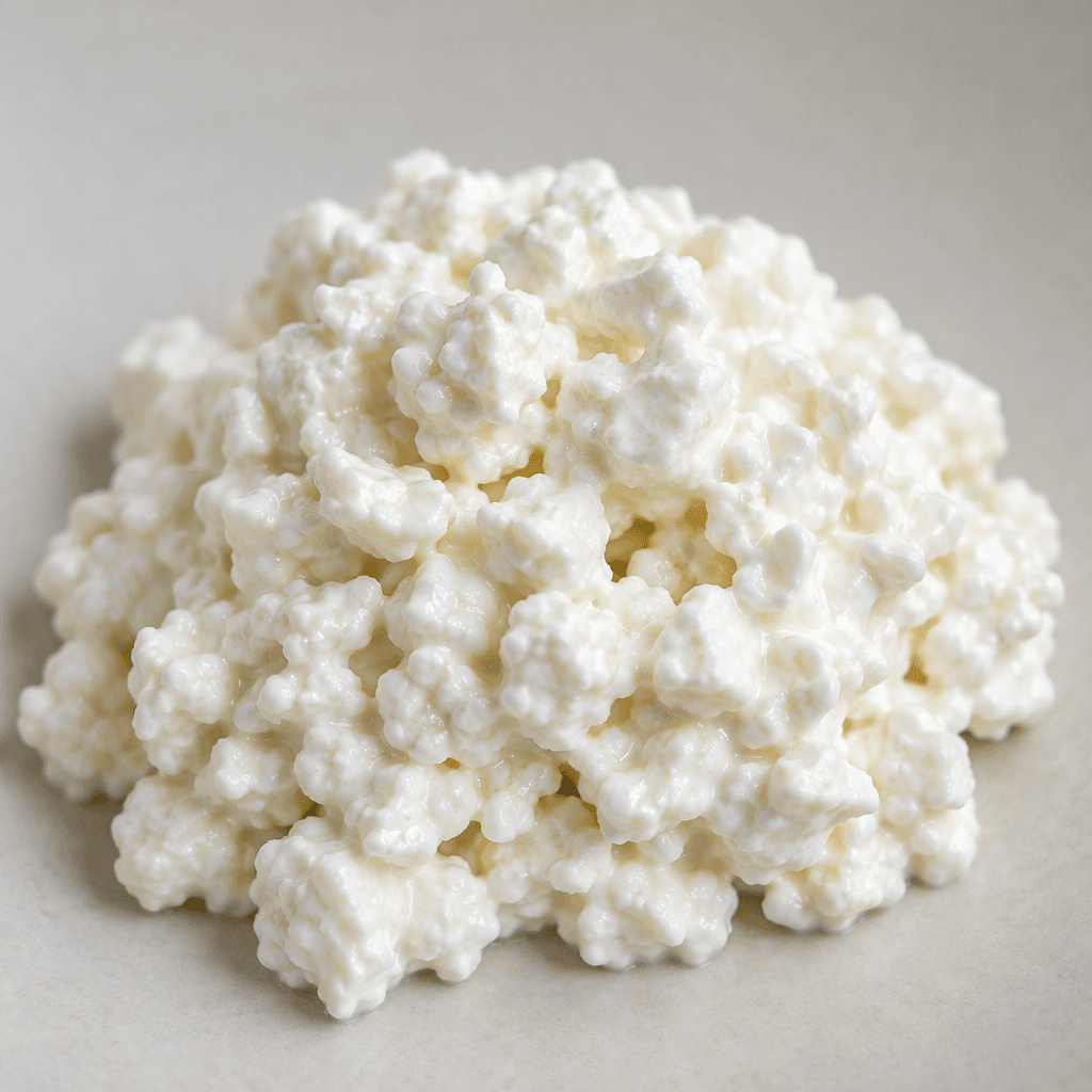 Small, moist white curds with a soft, creamy coating sit together in a loose mound.