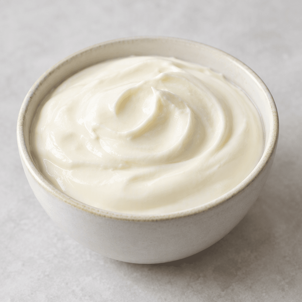 A smooth, thick, pale ivory dairy cream sits in a small bowl, with a softly glossy, even surface.