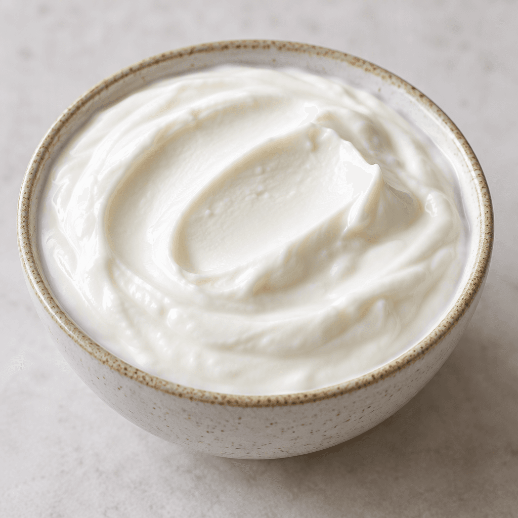 Thick, bright-white yogurt sits in a small bowl with a smooth surface and soft spoon-shaped ridges.