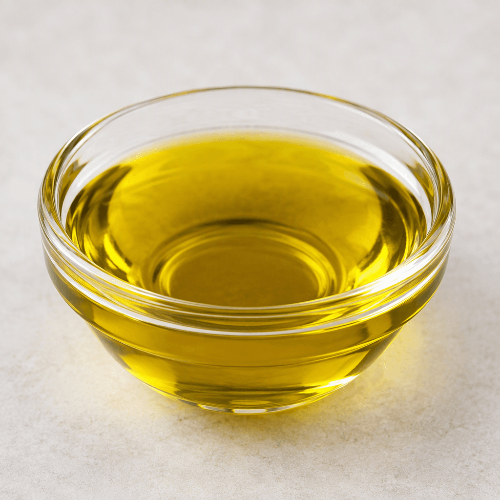 Extra virgin olive oil is a clear, glossy liquid ranging from green-gold to deep golden yellow, pooled in a small transparent glass dish with a smooth, reflective surface.