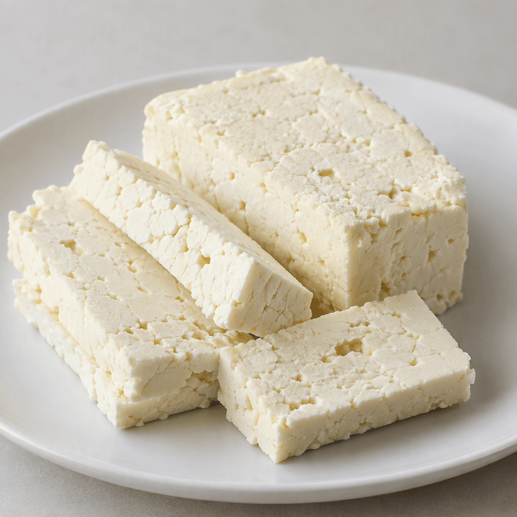 Ivory-white, semi-soft cheese with a firm yet crumbly texture and small irregular pores, cut into thick rectangular slices and arranged on a plain plate.