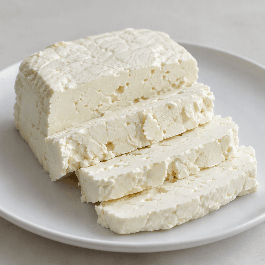 A white, soft-firm cheese with a slightly crumbly texture, cut into thick irregular slices and arranged on a plain plate.