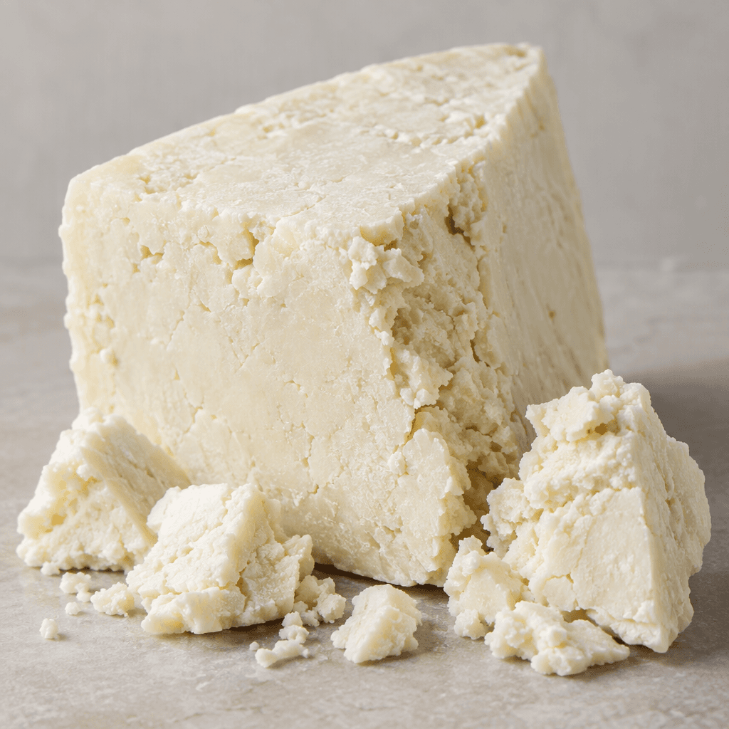 Pale ivory cheese in an irregular wedge and broken chunks, with a dense, slightly moist, fine-grained surface that crumbles along its edges.