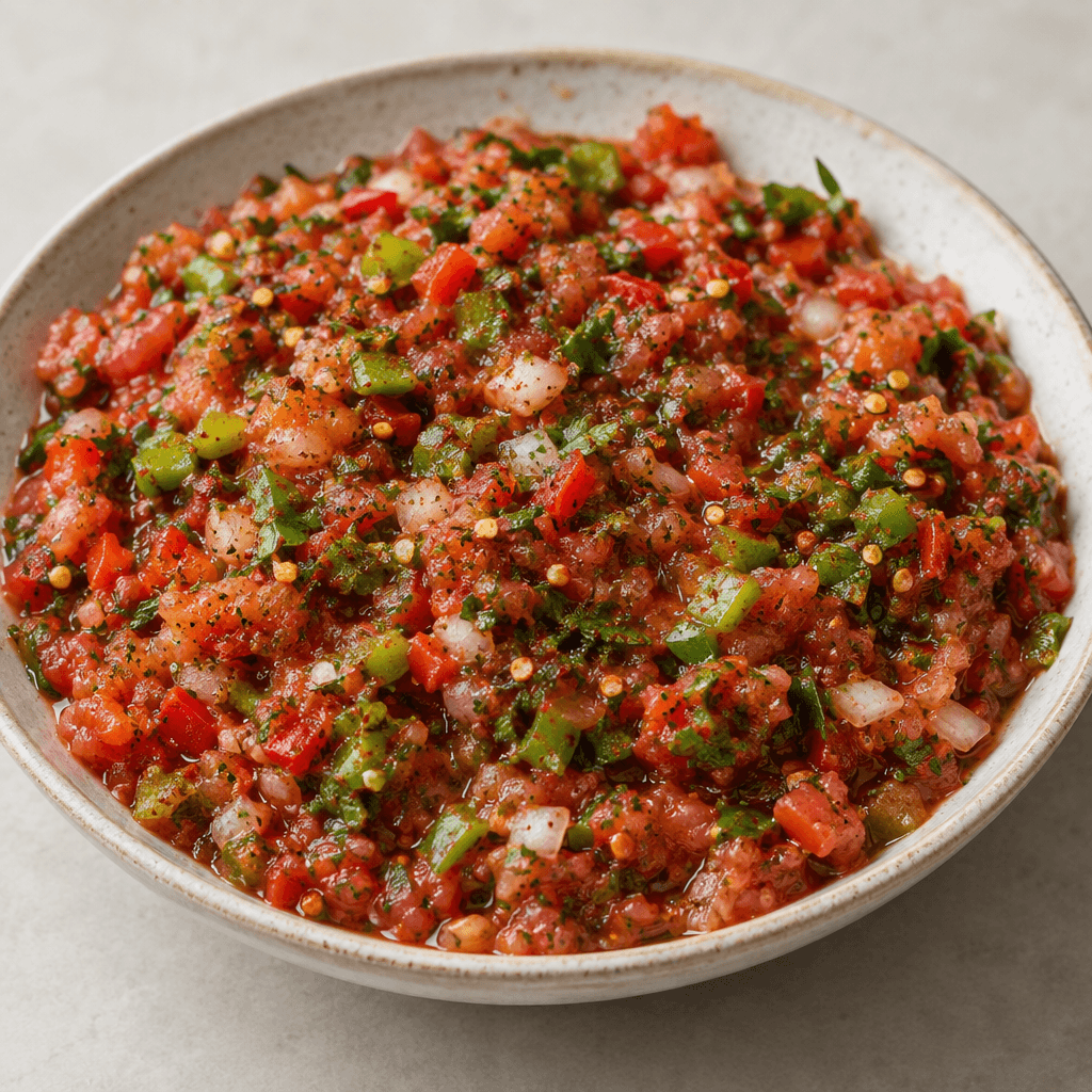A vivid red, moist mixture of finely minced tomatoes, red and green peppers, onion and parsley, speckled with green herbs and red pepper flakes, served in a shallow dish.