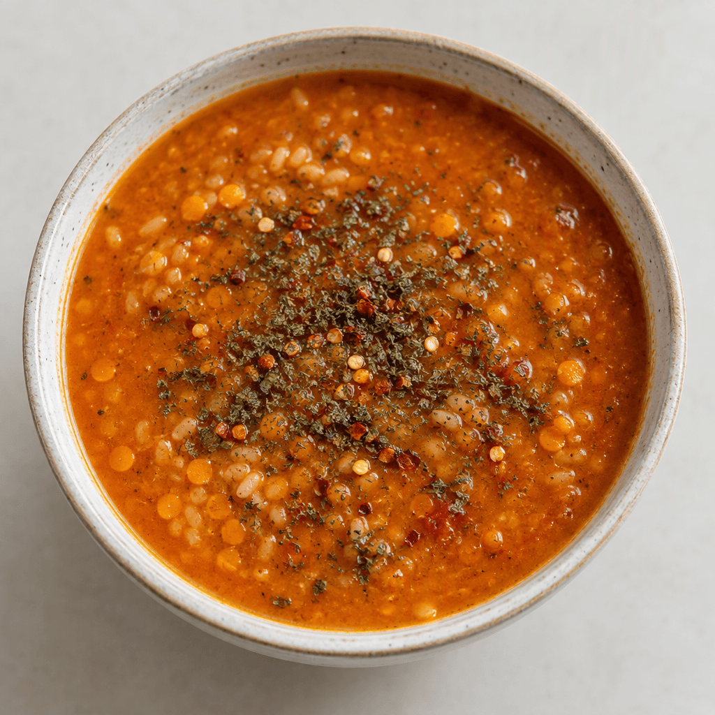 A deep red-orange soup with a smooth, slightly grainy texture, visible red lentils and small grains of bulgur or rice, served in a bowl with a dusting of dried mint and red pepper flakes on the surface.