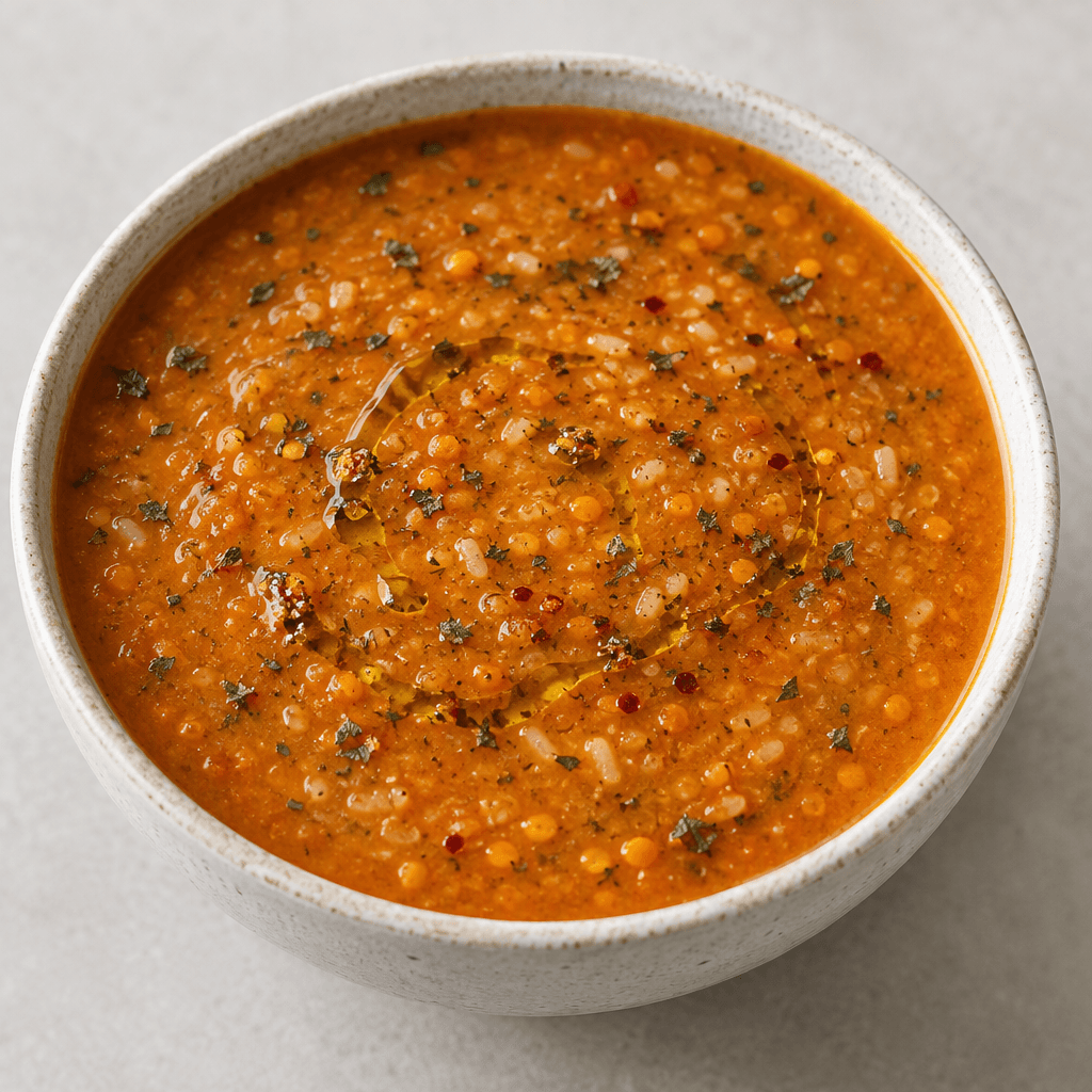 A bowl of thick, smooth orange-red soup with visible fine grains of bulgur and rice, tiny red lentils, scattered dried mint and red pepper flecks, served with a light swirl of oil on the surface.