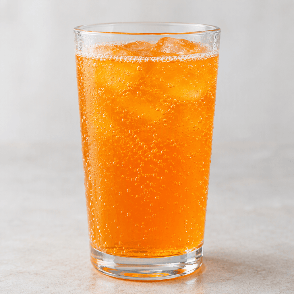 A bright orange, transparent carbonated soft drink with a thin layer of fizz and small bubbles, served chilled in a clear glass.
