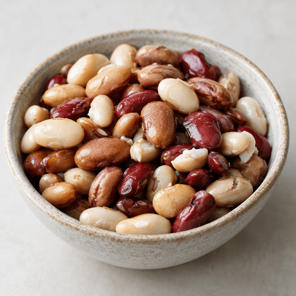 A shallow ceramic bowl filled with plump, oval beans in cream, white, brown, and red tones, their smooth skins slightly glossy and some split to reveal soft interiors.