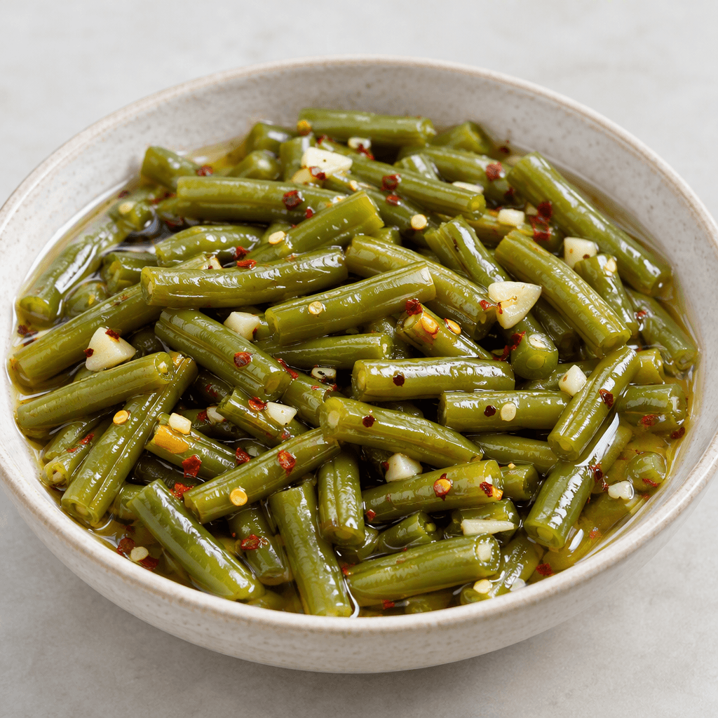 Whole green beans cut into short segments, preserved in a clear golden brine with small garlic pieces and red pepper flakes, arranged in a shallow dish with a glossy, crisp-looking surface.