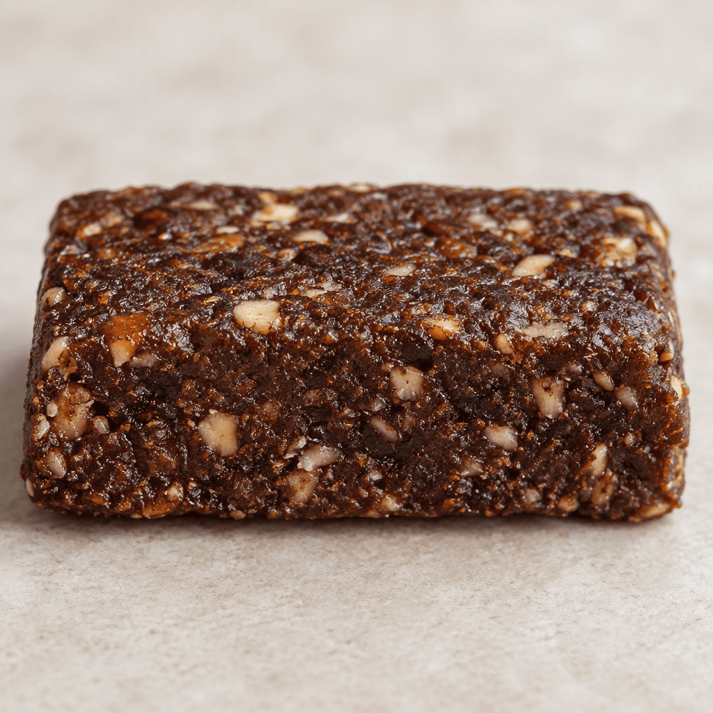 A compact, rectangular dark-brown bar with a slightly rough, dense-looking surface and a few visible lighter flecks.