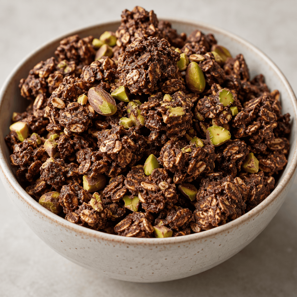 Irregular clusters of toasted oats coated in dark cocoa, mixed with small green pistachio pieces and crumbs, are piled in a bowl.