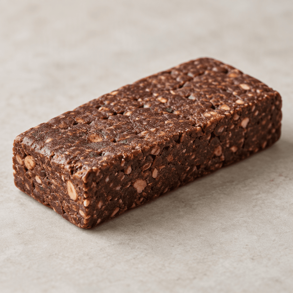 A compact, rectangular chocolate-brown protein bar with a slightly uneven, matte surface and a dense, firm-looking texture, shown whole.