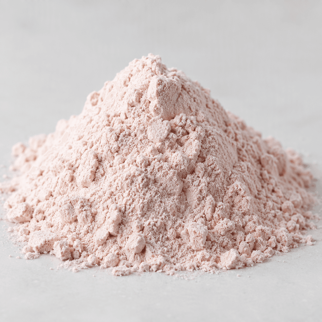 A mound of fine, pale pink whey protein powder with a soft, slightly granular texture sits on a clean surface.