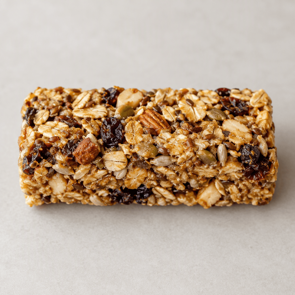 A compact rectangular granola bar with a rough, uneven golden-brown surface, visibly bound rolled oats, small nuts and seeds, and scattered darker dried-fruit pieces throughout.