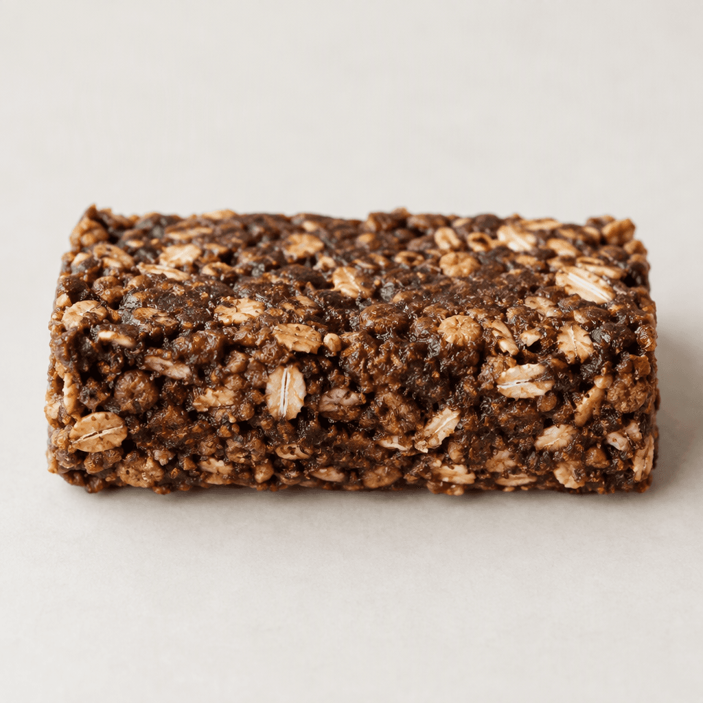 A compact rectangular granola bar with a dark cocoa-brown surface, visible oat flakes and small cereal pieces, slightly uneven edges, and a firm, textured appearance.