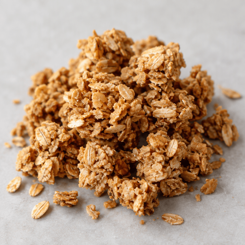Small, irregular golden-brown granola clusters made from visibly pressed oat flakes, with a dry, crisp, crumbly texture and a few loose flakes scattered around them.