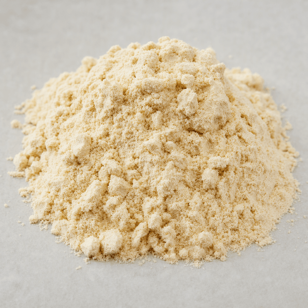 A small mound of fine, pale beige protein powder with a soft, slightly clumpy texture.