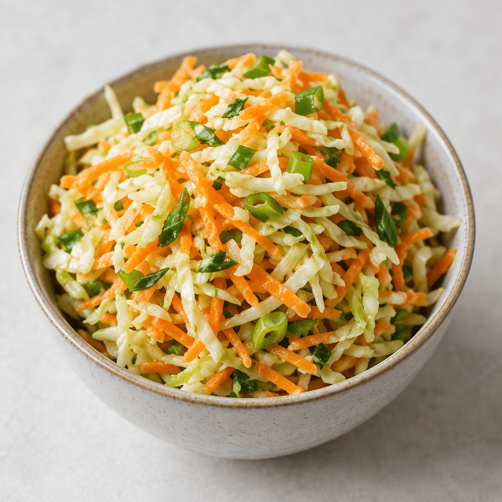 A moist, colorful mix of finely shredded pale cabbage and orange carrot with scattered green vegetable pieces, served in a small bowl.