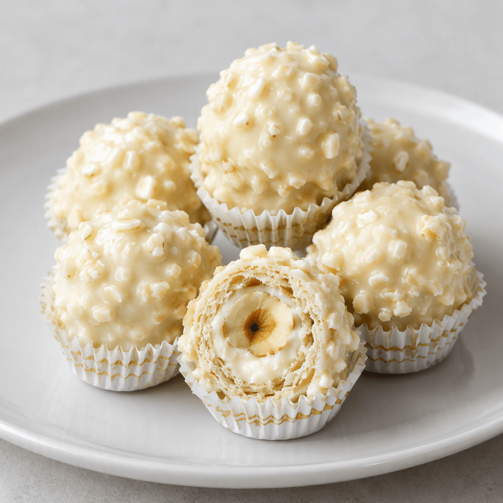 Small, rounded white-chocolate confections with a smooth, glossy ivory coating are arranged on a plain plate.