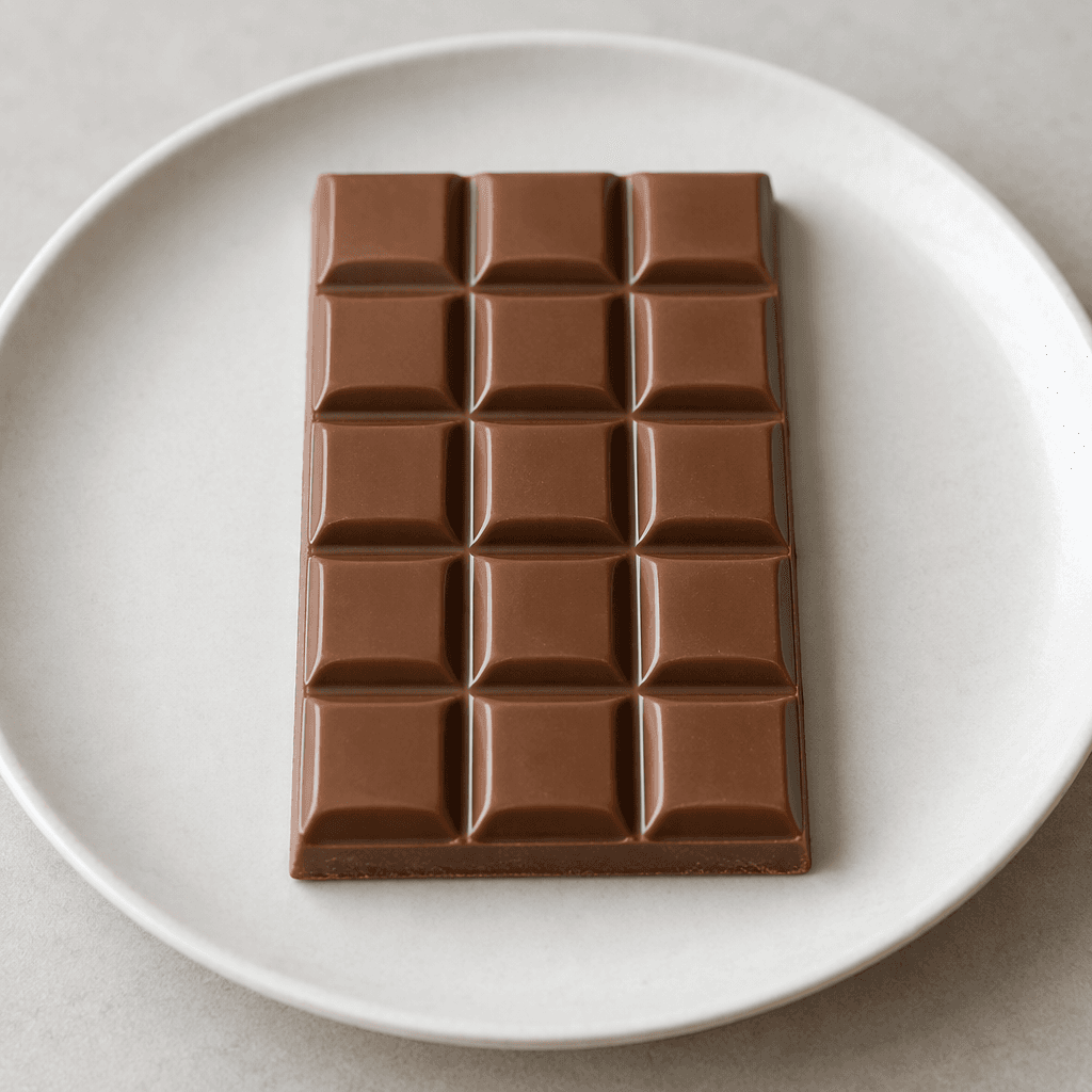 A rectangular milk-chocolate bar with a smooth brown surface divided into neat raised squares, shown unwrapped on a plain plate.