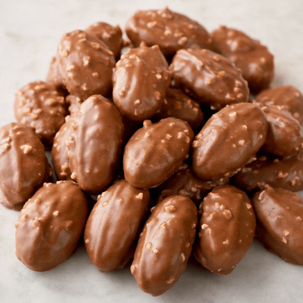 Small, oval milk-chocolate pralines with a lightly rippled surface speckled with tiny hazelnut pieces, arranged loosely together.