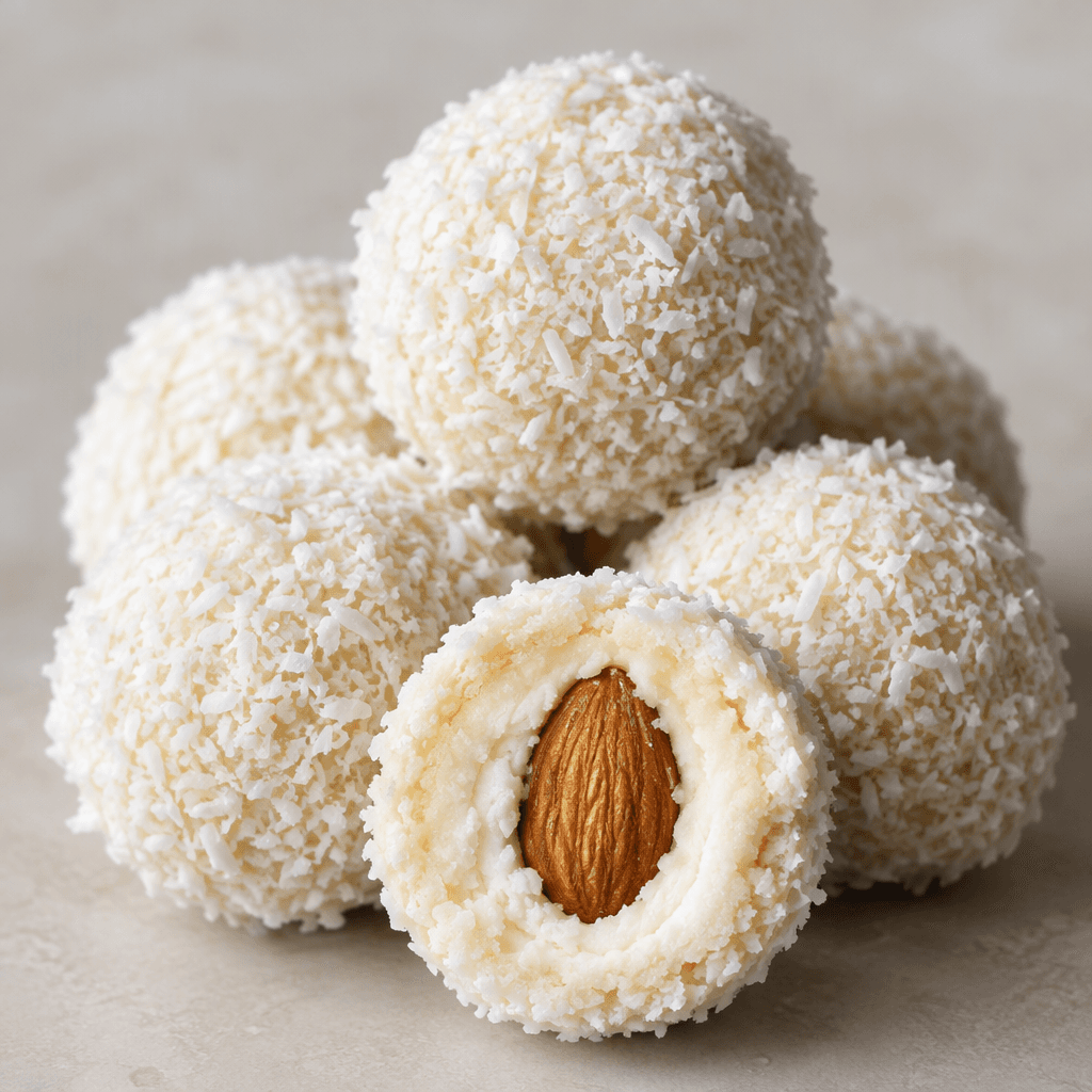 Small round white sweets coated in fine coconut flakes, with one cut open to reveal a creamy white center and a whole almond.