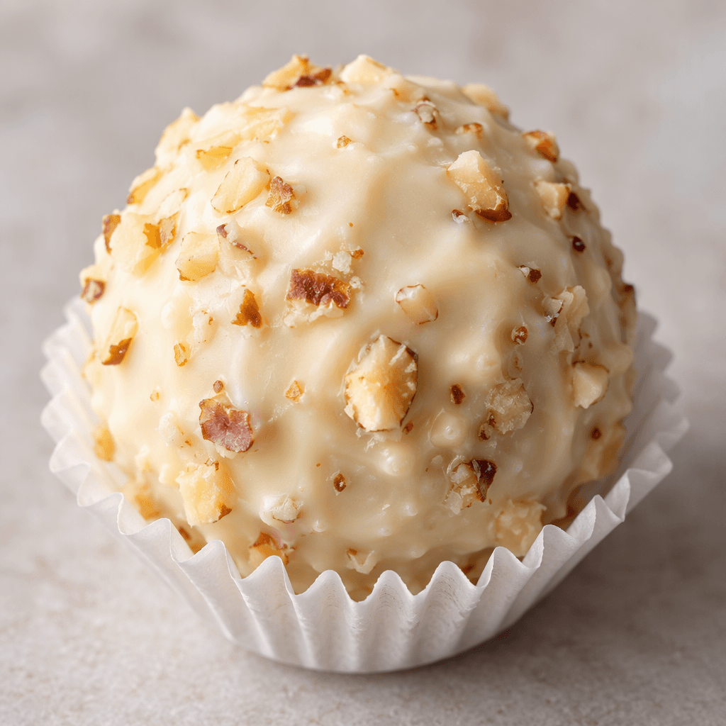 A round white-chocolate-coated confection sits on a small paper cup, its pale ivory surface flecked with tiny golden-brown nut pieces and lightly uneven in texture.