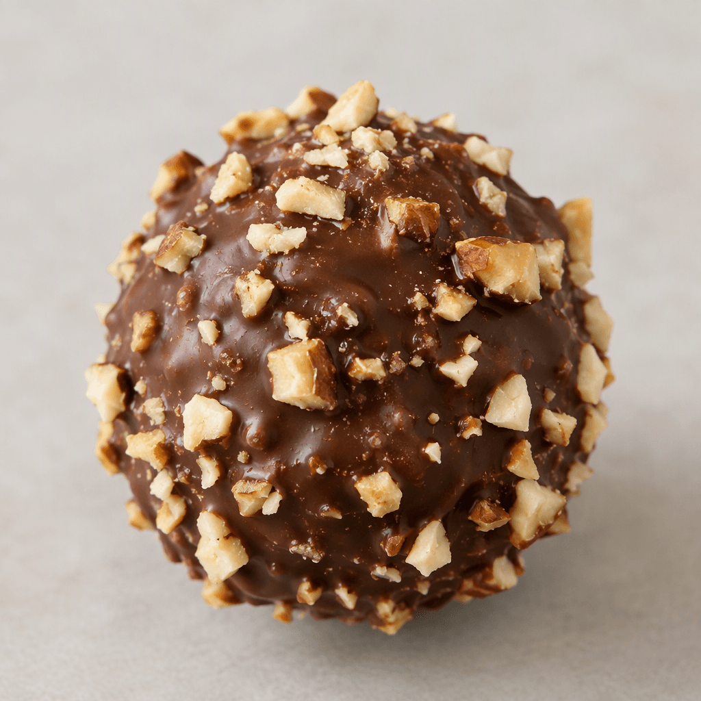 A round dark-chocolate confection with a glossy brown coating and uneven pieces of chopped hazelnut covering its surface.