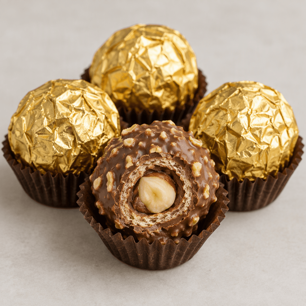 Small round chocolate confections are wrapped in crinkled metallic gold foil, with one unwrapped to show a rough milk-chocolate coating studded with chopped hazelnuts around a pale wafer shell and a whole hazelnut centre, each resting in a small fluted paper cup.